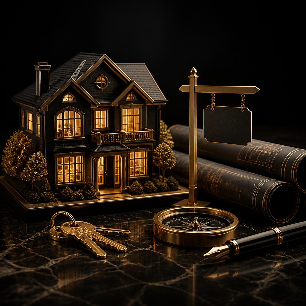 Model home, brass keys, blueprints and a compass on dark marble